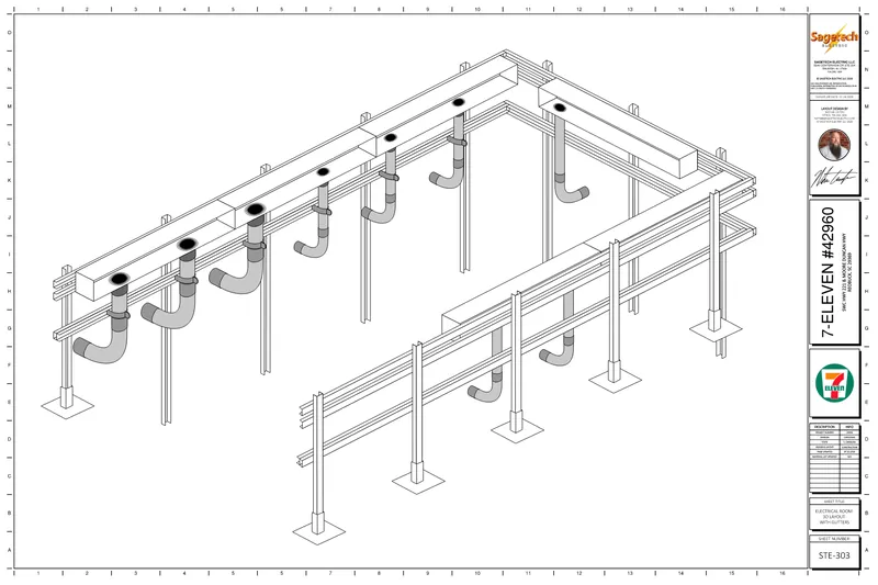 Sagetech three-dimensional electrical room layout showing conduit routing and clearances