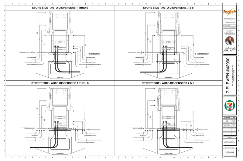 Sagetech fuel-dispenser rough-in detail drawing with dimensions and connection points