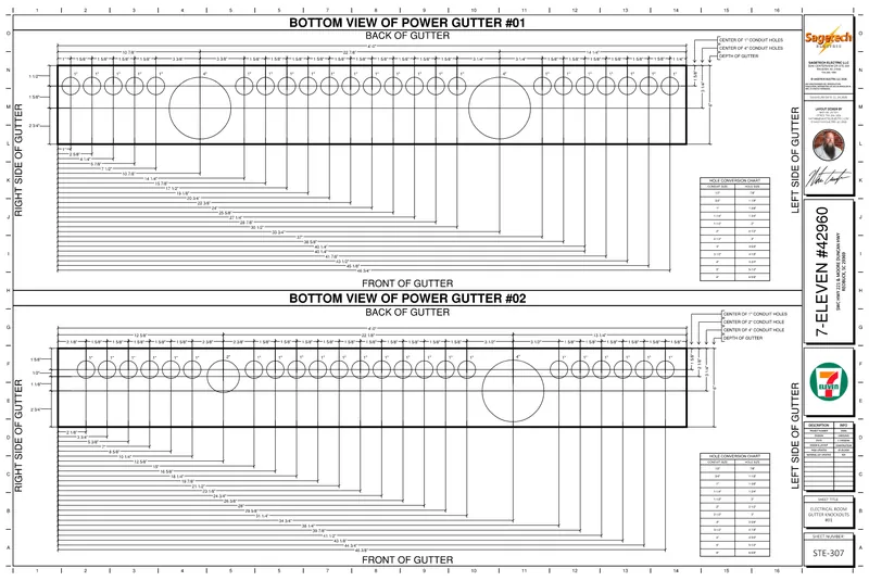 Sagetech power gutter layout showing knockout locations, hole sizes, and conduit entries