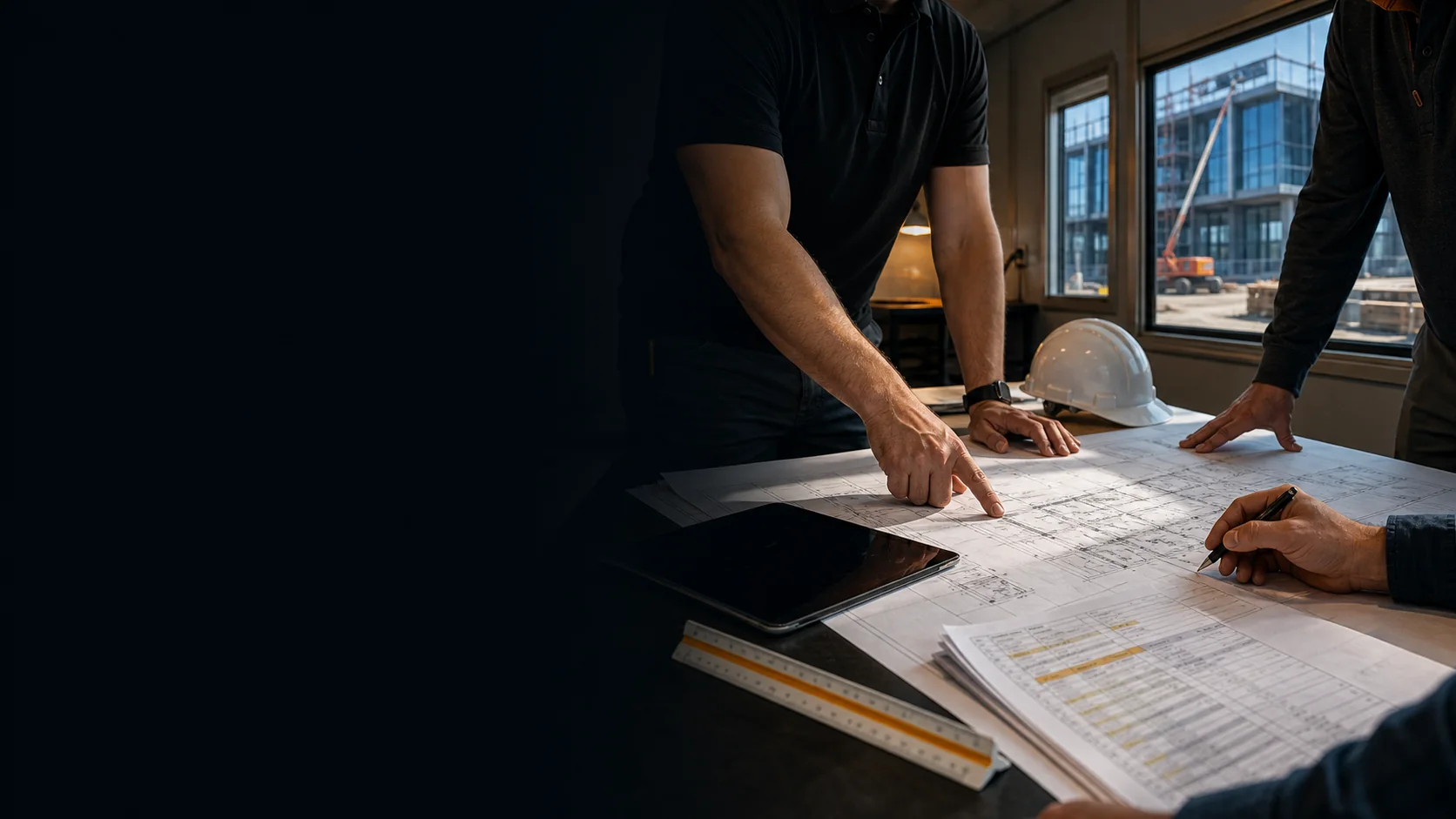Commercial electrical project planning meeting with drawings, laptop, and safety equipment