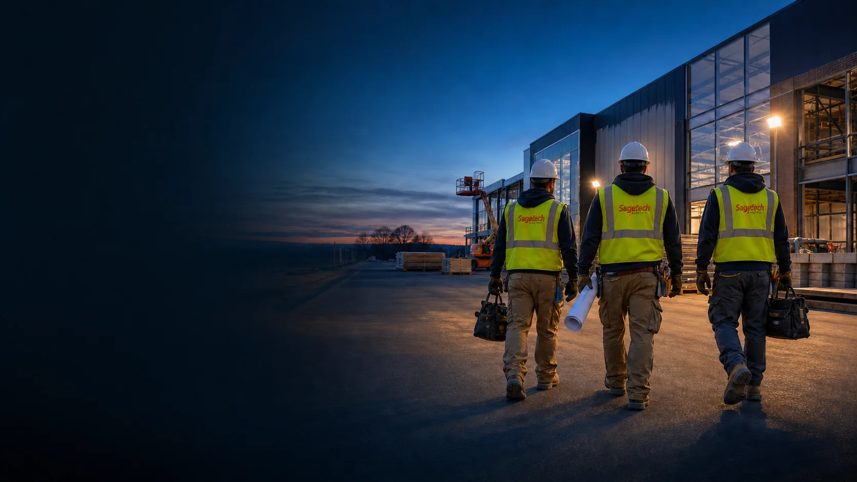 Sagetech Electric workers in branded high-visibility vests carrying tools toward a commercial jobsite