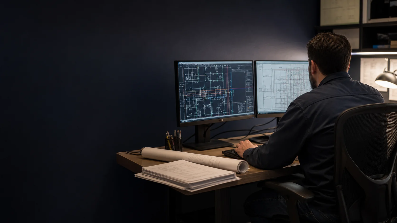 Electrical designer creating commercial field plans on multiple computer displays